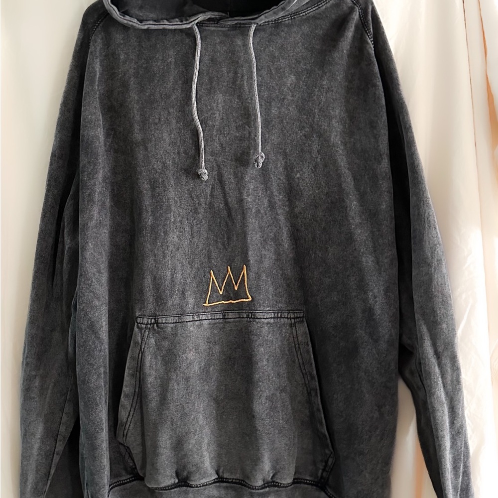 Vintage Jean Michel Basquiat faded gray Hoodie with Gold Crown Embroidery